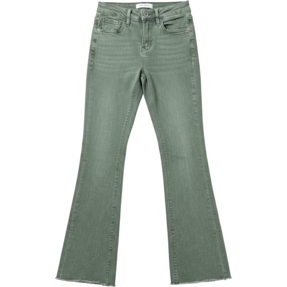 Lovervet by Vervet Sage Green High Rise Raw Hem Flare Jeans Sz 25 LV1254OL
